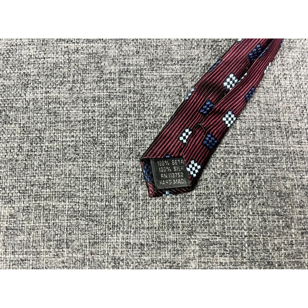 Joseph & Feiss Burgundy Silk Geometric Square Pattern Hand Made Necktie XL 63in